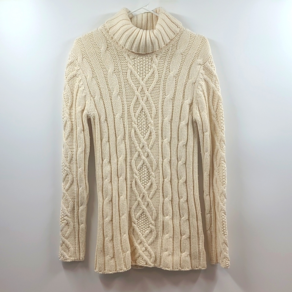 Eddie Bauer cream colored long line cable knit turtleneck sweater